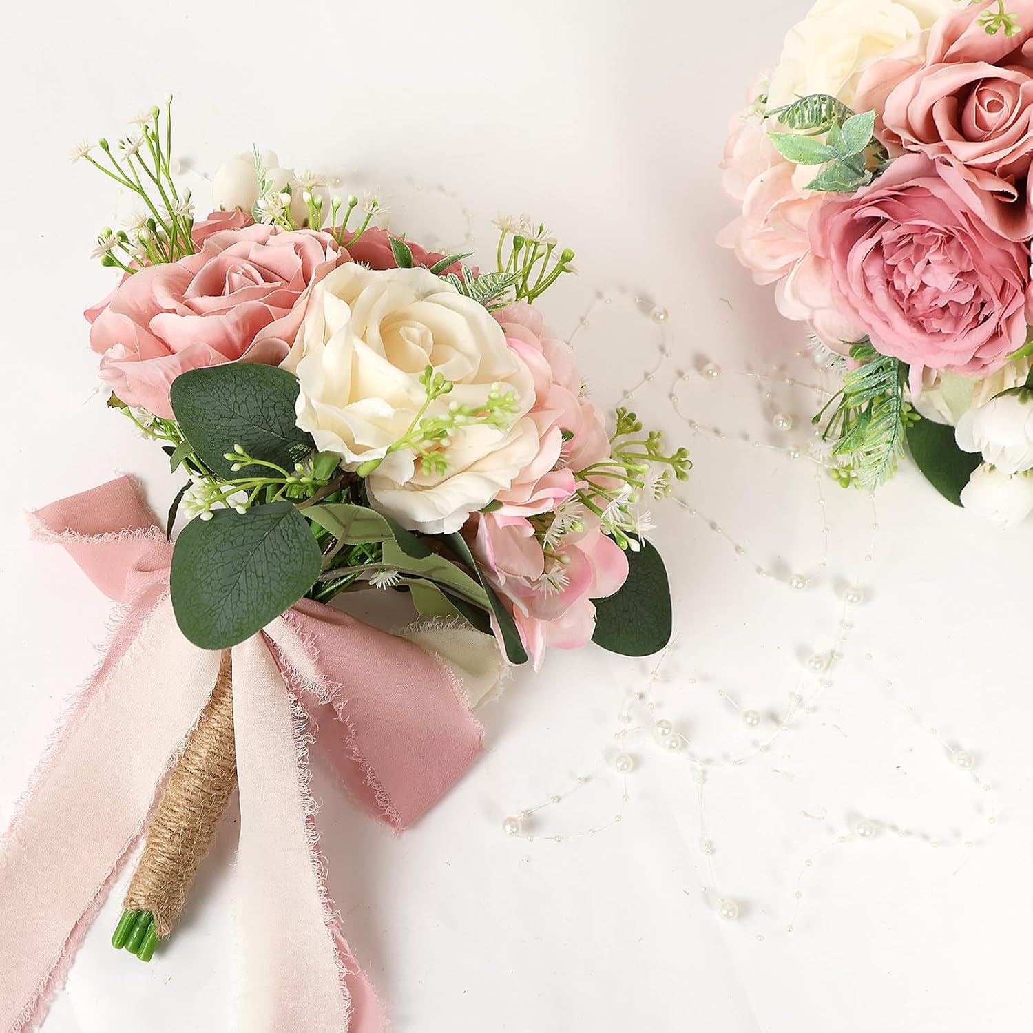 Set of 6 Wedding Bridesmaid Bouquets - 7 Inch Artificial Flowers Bouquets for Ceremony Anniversary Centerpieces Decorations - Pink & White - Image 3