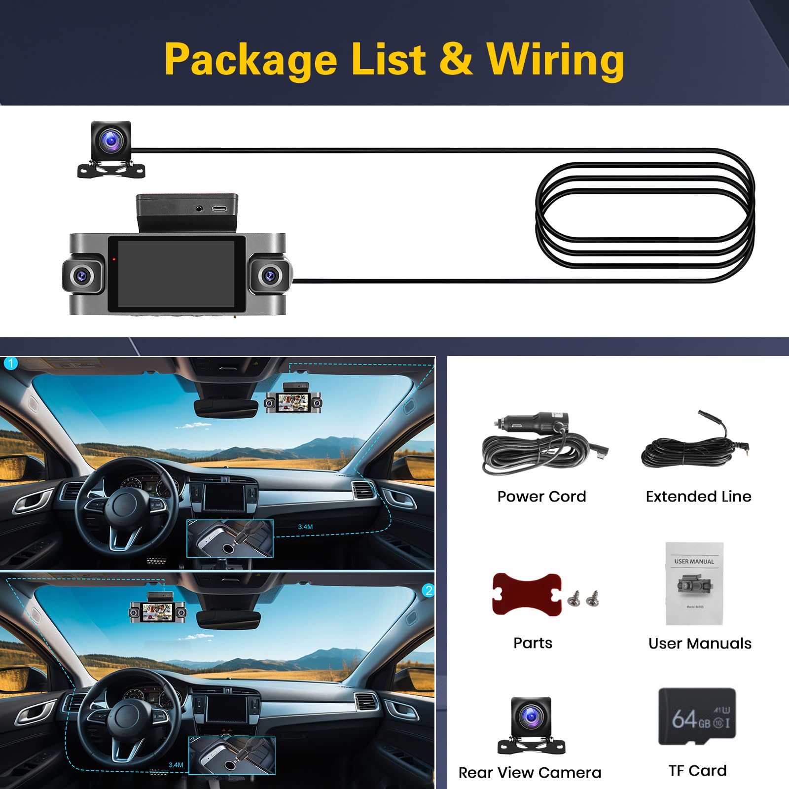Hikity 2K WiFi Dashcam 4 Dashcam con Pantalla IPS G-Sensor Tarjeta TF 64G | IPS Dashcam con Coche Control APP Ángulo 360° Modo Aparcamiento 24H Grabación Continua Cámara de Coche Visión Nocturna
