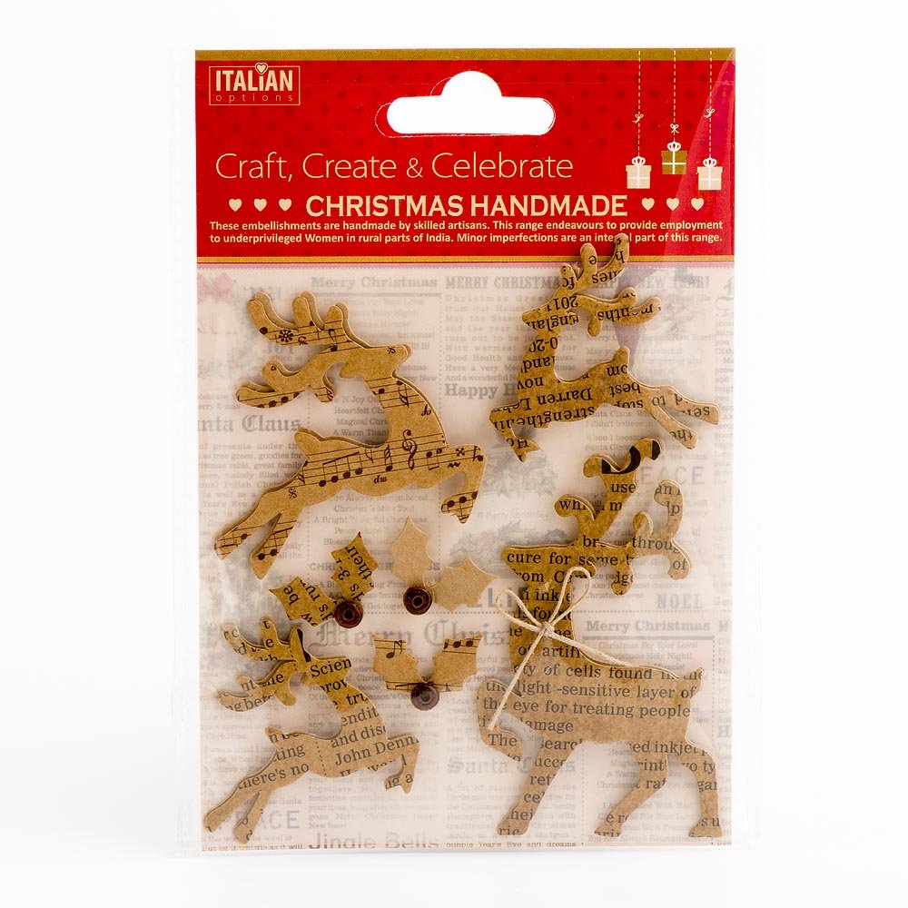 Italian Options Brown, Green, Red Kraft Reindeers And Holly Festive Christmas Craft Card Making Decoration (Pack Of 7)
