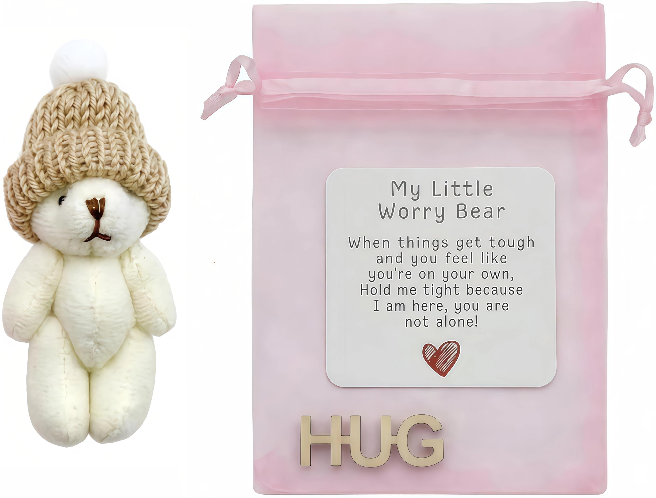 Copbopwn Worry Bear Pocket Bear Mini Plush Teddy Bears with Inspirational Card Pocket Sized Hug Present for Anxiety Relief Positive Good Luck Gifts Friends Women Men for Christmas Birthday (White)
