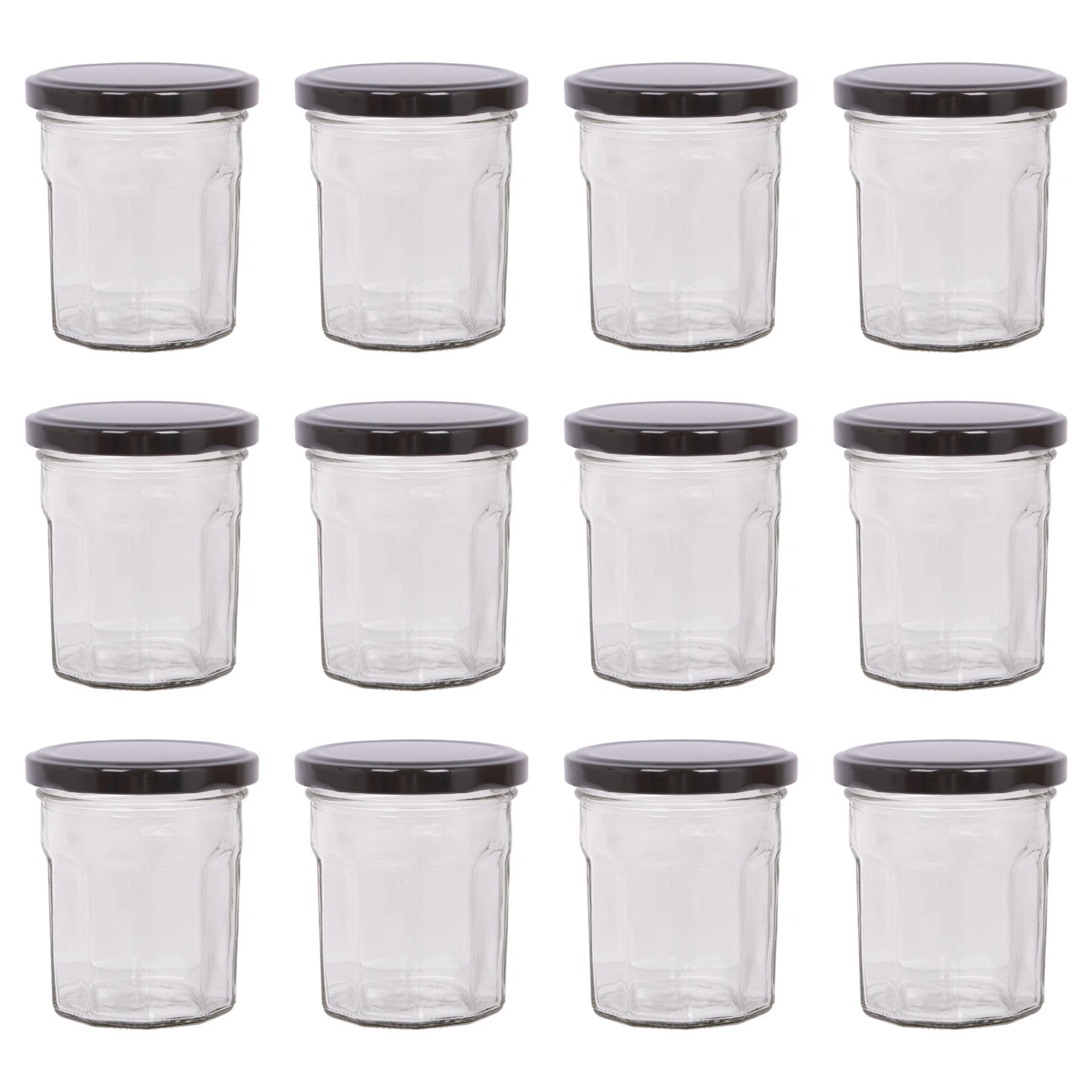 Argon Tableware Glass Jam Jars with Airtight Black Lids - 150ml - Pack of 12 - Empty Screw Top Kitchen Storage Jar for Food, Honey, Spice, Pickling, Preserving, Candle Making