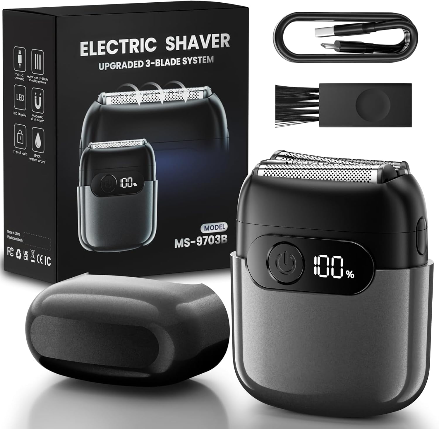 Electric Foil Shaver for Men,Compact 3D Floating Shaving Heads, Electric Razor for Men,IPX8 Waterproof, USB-C Fast Energy, LED Info Display, Wet/Dry Adaptability, Travel Lock Slate Grey