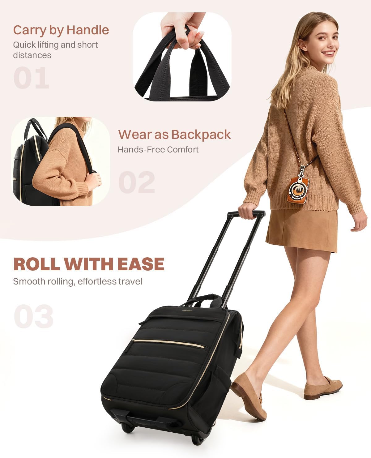 Rolling Puffer Backpack for Women, Travel Backpack with Wheels, 16 Inch Wheeled Laptop Backpck, Dual-Opening Design Overnight College Underseat Carry on Luggage, Roller Business Work Bag, Black