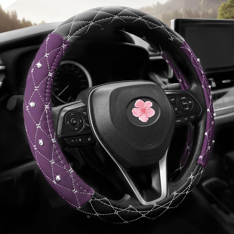 Capa para Volante SanQing em Couro Sintético PU Preta e Roxa com Detalhes Brilhantes para Volantes de 36,8 a 38,1 cm