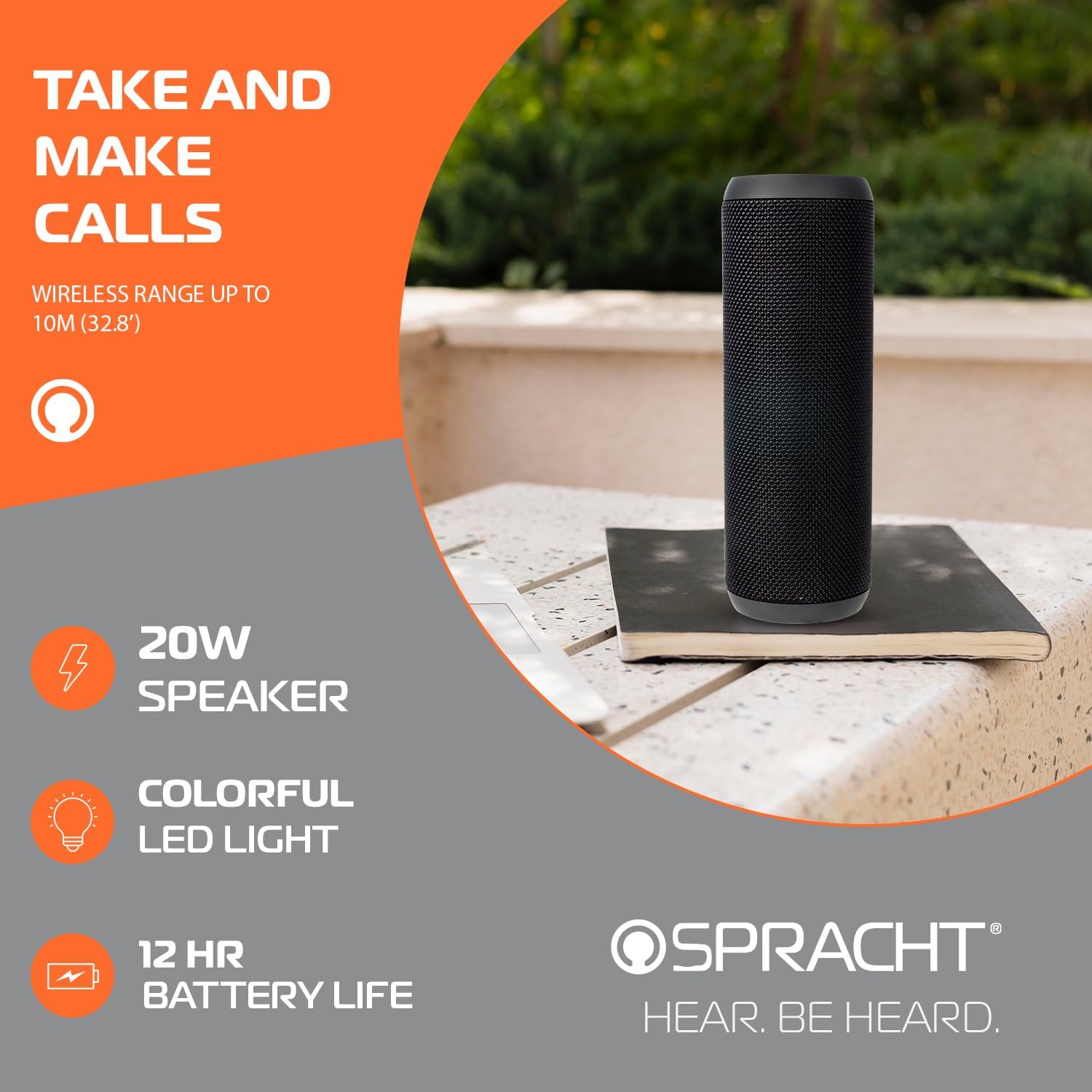 The Blunote Turbo speaker standing upright, highlighting its built-in microphone for calls, 20W speaker output, colorful LED light, and 12-hour battery life.