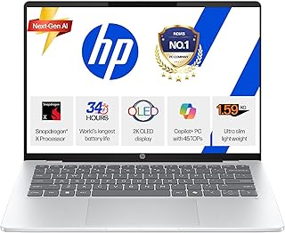 HP Smartchoice Omnibook 5 OLED (Previously Pavilion), Snapdragon X Processor (16GB LPDDR5x,1TB SSD) 2K OLED,16''/40.6cm, Win11, M365(1yr)*Office24, Glacier Silver, 1.59kg, fb0001QU,Next-Gen AI Laptop