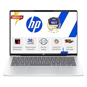 HP Smartchoice Omnibook 5 OLED (Previously Pavilion), Snapdragon X Processor (16GB LPDDR5x,1TB SSD) 2K OLED,16''/40.6cm, Win11, M365(1yr)*Office24, Glacier Silver, 1.59kg, fb0001QU,Next-Gen AI Laptop