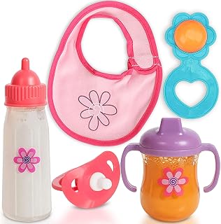 Baby Doll Bottles with Disappearing Milk, Realistic Accessories, 5 Piece Baby Doll Feeding Set, Includes A Disappearing Magic Bottle, Sippy Cup, Bib and Pacifier
