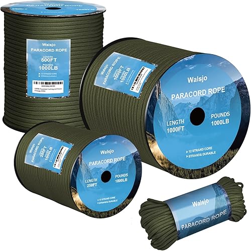 Cuerda paracaídas de 1000 libras - Cuerda paracaídas de 12 hebras - 100 pies 250 pies 500 pies 1000 pies 0.157in, para cordón para campamento,
