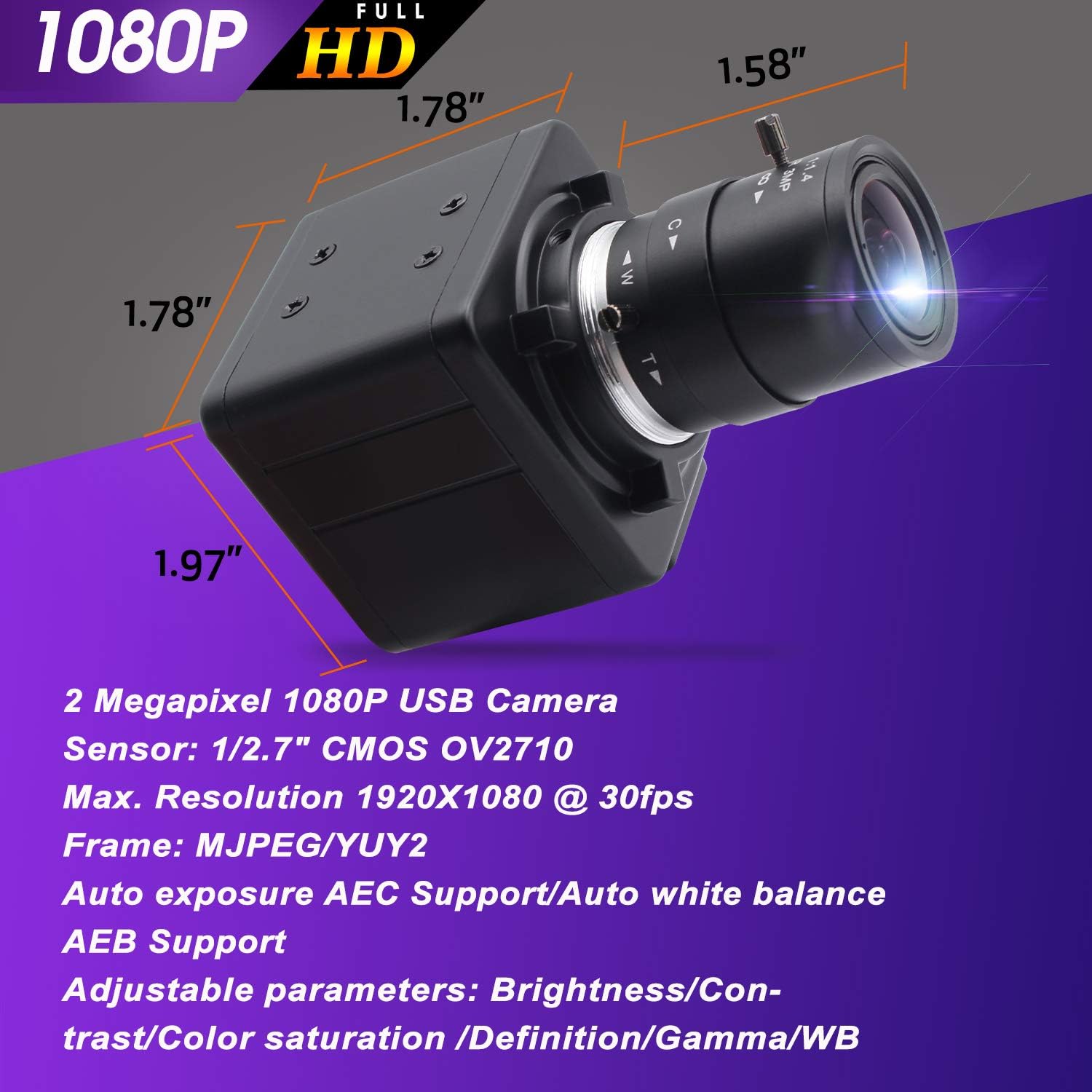 2MP 1080P USB Webcam with 2.8-12mm Varifocal Lens, CMOS OV2710