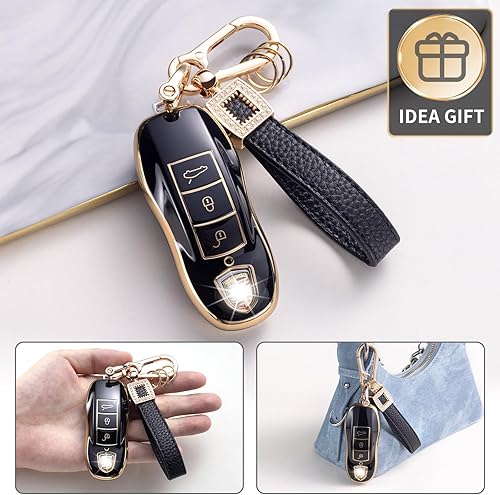 Miniatura 5 de Funda para llavero Porsche con cordón de cuero, funda compatible con Porsche Macan Cayenne Panamera 911 Boxster Cayman 718 Smart Key Protector Holder