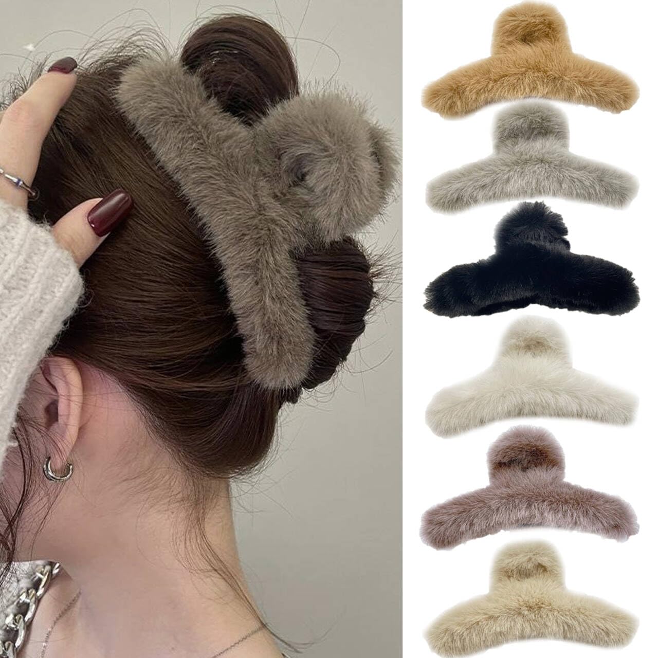Large Fluffy Plush Hair Claw Clips, Colorful Claw Clips for Thick Hair Super Grip Elegant Accessories for Women & Girls (Fluffy6A)