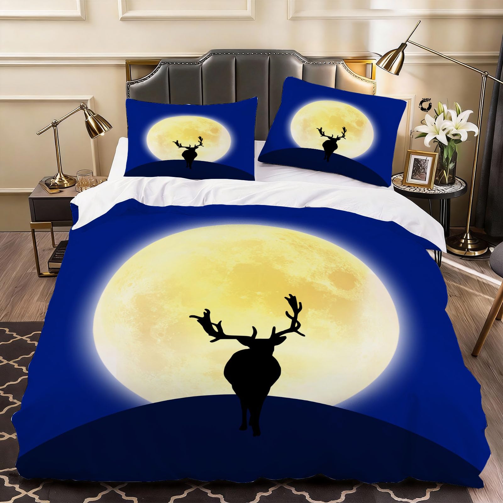 3D Elk Sky Duvet Cover Moon Bedding Double Bed Set, Soft Microfiber Comforter Cover Printed with Zipper Closure Quilt Coverr 200x200 cm and 2 Pillowcases