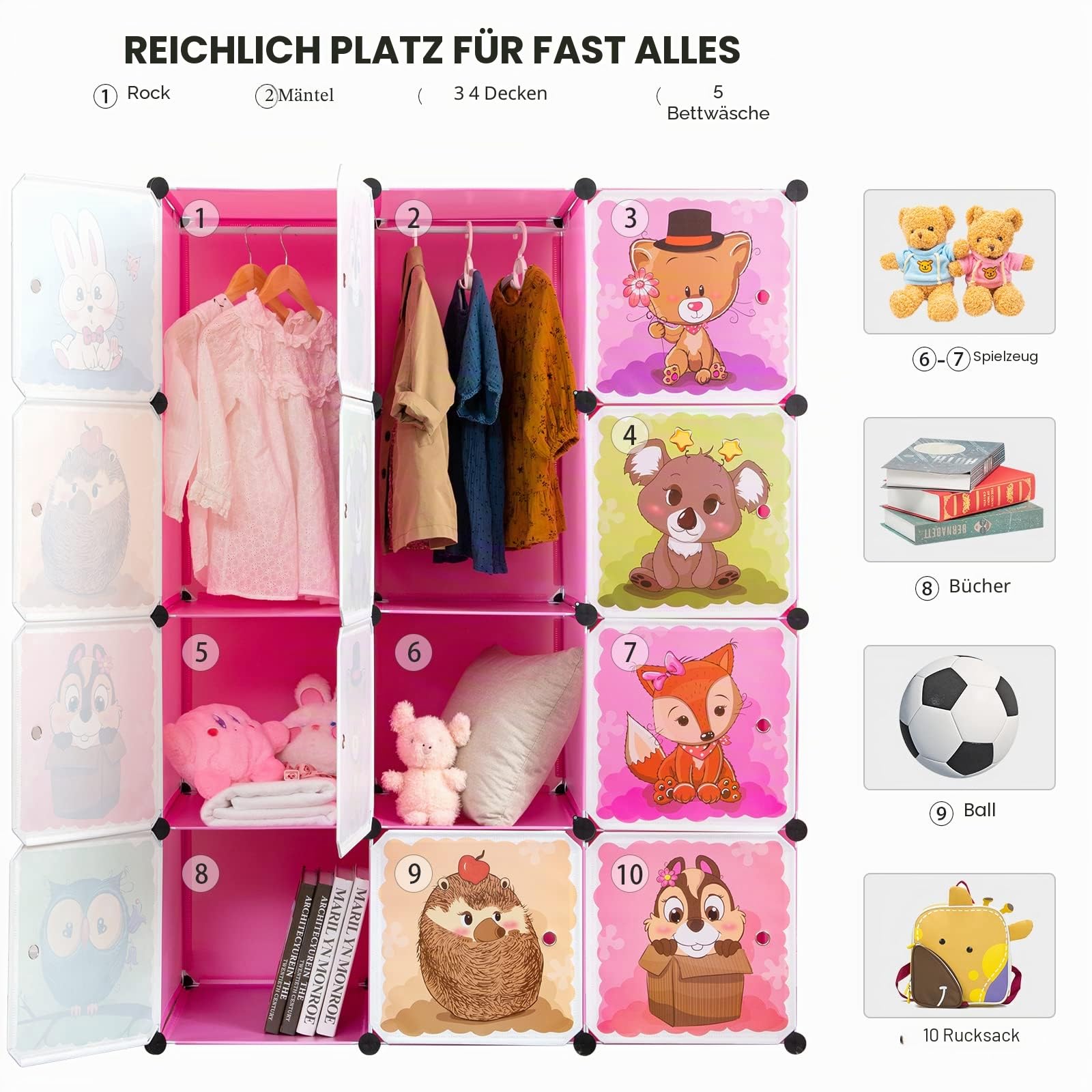 BRIAN & DANY Erweiterbares Kinderregal Kinder Kleiderschrank Stufenregal Bücherregal mit Türen & 2 Aufhängern, Tiefere Fächer als Normal (45 cm vs. 35 cm), 110 x 47 x 147 cm, Rosa