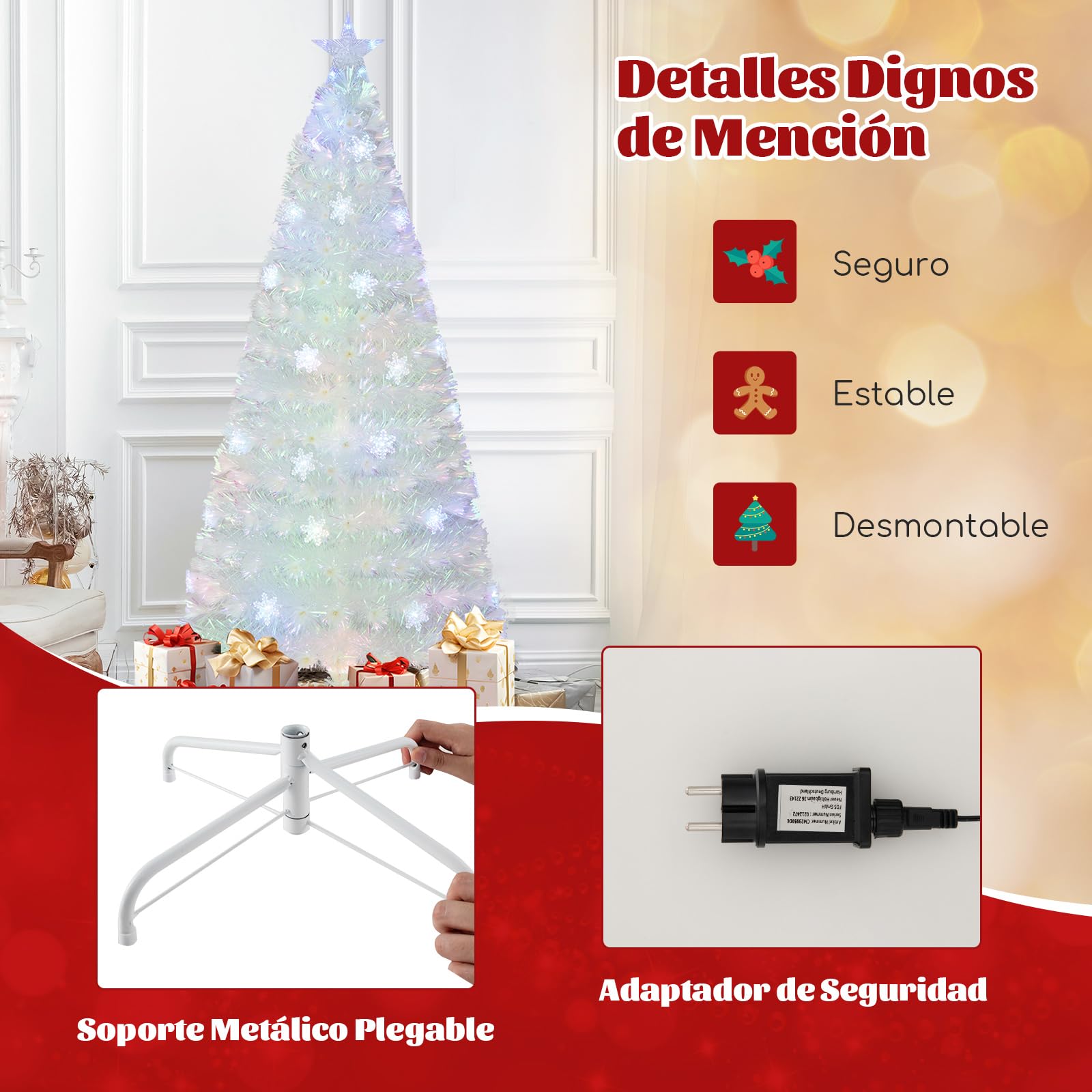 COSTWAY 180cm Árbol de Navidad Blanco, Hojas Iridiscentes, Árbol de Navidad de Fibra Óptica Preiluminado, 30 Luces LED de Copos de Nieve, Estrella, Arvore de Natal Oficina y Hogar(180cm)