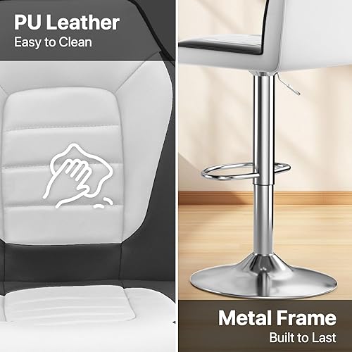 Miniatura 5 de MoNiBloom Juego de 2 taburetes de bar, de piel sintética ajustable en altura con reposapiés, taburete de cocina giratorio de 360 con respaldo,