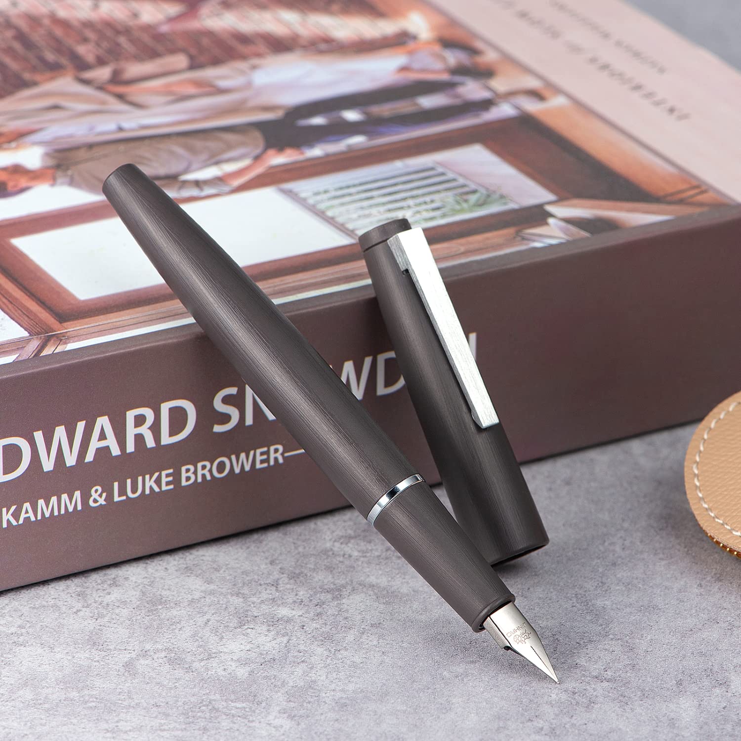 Jinhao 80 Gray Fiber Brushed Fountain Pen, Iridium Fine Nib with Converter and Small Pen Bag Set (Silver Clip) - Image 2