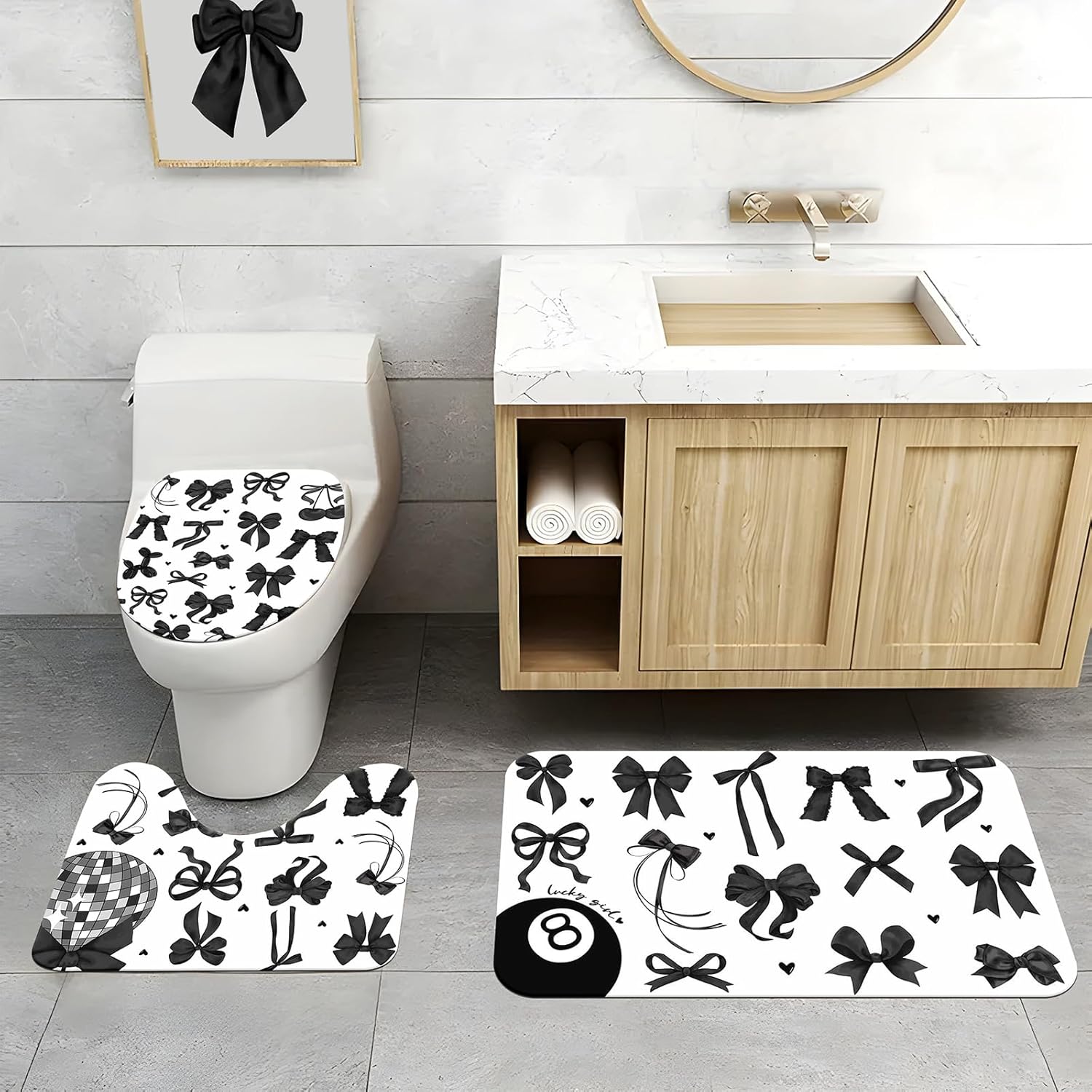 Lofaris Bow Shower Curtain Set 4 Pcs - Black and White Bathroom Sets with Shower Curtain and Rugs Coquette Bathroom Decor with Non-Slip Rugs & Toilet Lid Cover, Elegant Girly Bathroom Accessories