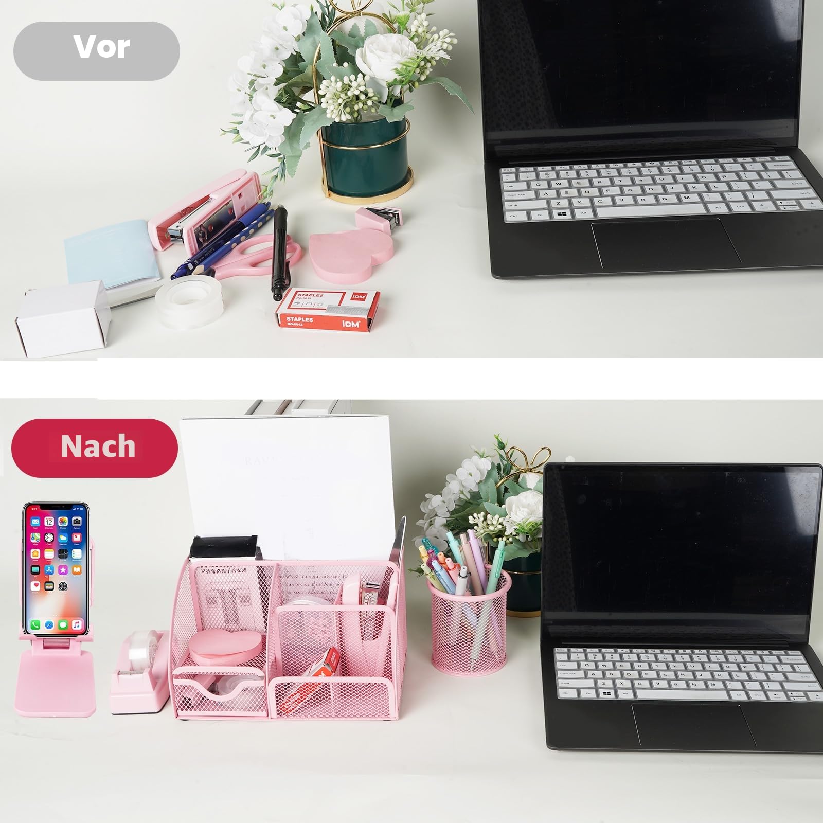 Pink Desk Organizer and Accessories, Pink Gifts Office Supplies Mesh Desk Organizer, Tape Dispenser, Hefter, Tape, Phone Holder, 1000 Staples, Staple Remover, Pen Holder, Clips Set, Ruler, Scissors