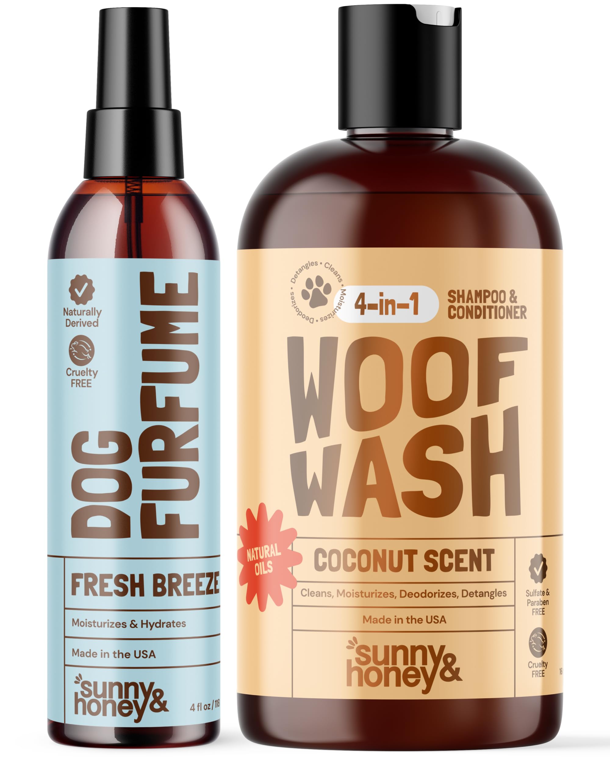 Sunny & Honey 4-in-1 Dog Shampoo & Conditioner - 16 fl oz, 8 fl oz Mist - Moisturizing Detangling Wash - Pet Shampoo - Long-Lasting Perfume Mist