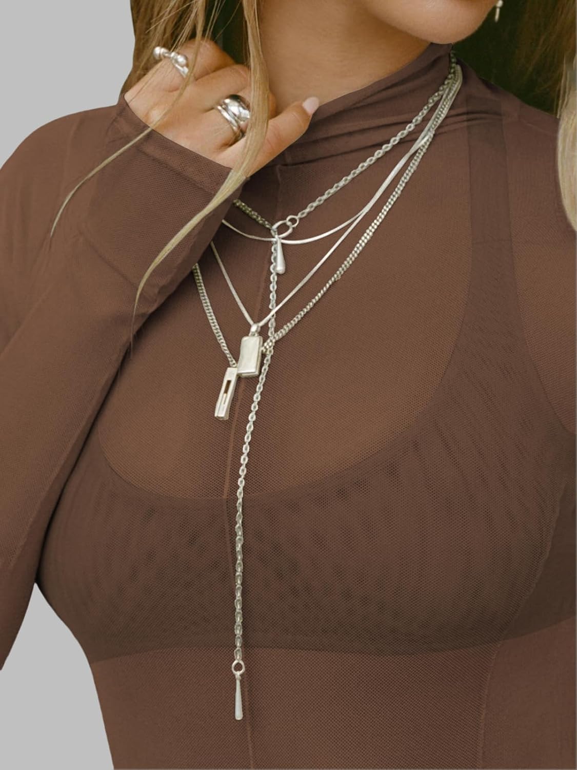 Ahtyeo Womens Mesh Long Sleeve Tops Mock Neck Sexy See Through Tee Shirts Party Club Night Lace Sheer Layering Blouse - Image 4