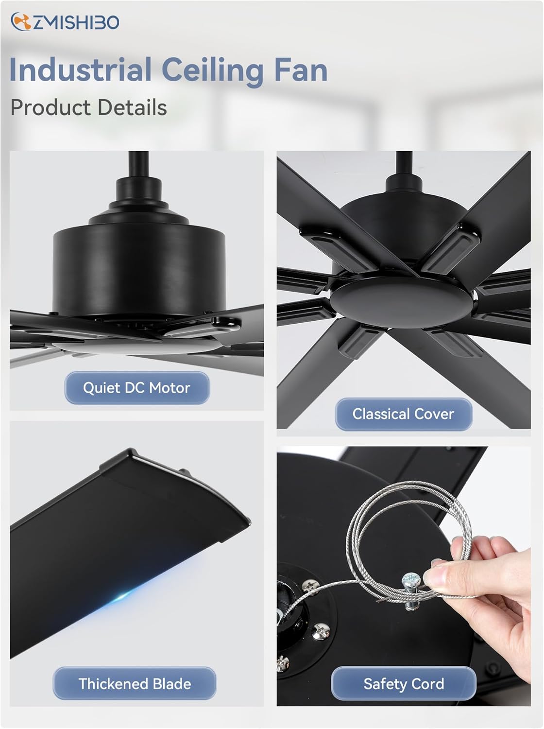 ZMISHIBO 65-inch industrial ceiling fan with 8 black blades