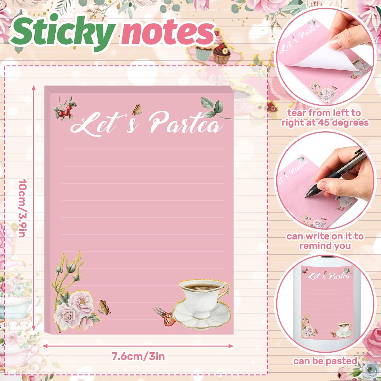 32 Pads Tea Party Favors Sticky Notes Tea Time Sticky Notes Vintage Floral Teapot Note Pads Spring Vintage Party Supplies for Baby Shower Birthday Bridal Wedding Girls Birthday Decorations