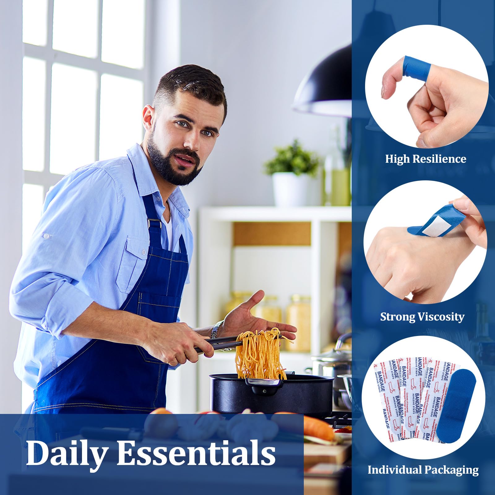 Geiserailie 120 bende blu rilevabili per la cura delle dita, impermeabili, flessibili, antiaderenti, senza lattice, per catering, kit di primo soccorso, cura e protezione delle ferite (2,5 x 7,6 cm,
