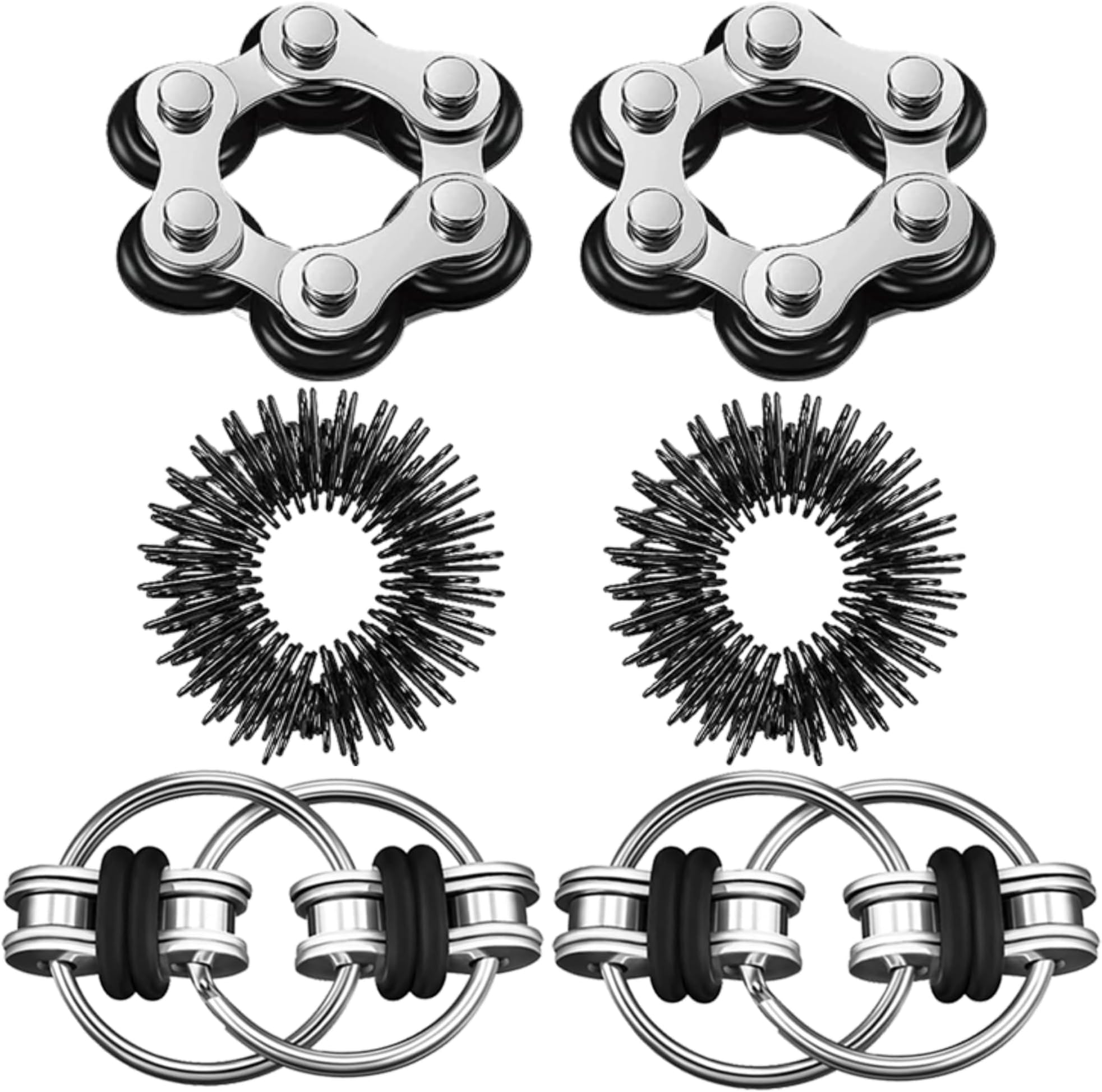 6 PCS Fidget Toy Sensory Toy Set, Acupressure Rings, Six Roller Chain & Key Flippy Chain for ADHD, ADD, Autism, Anxiety Relief for Adults and Teens (Black)