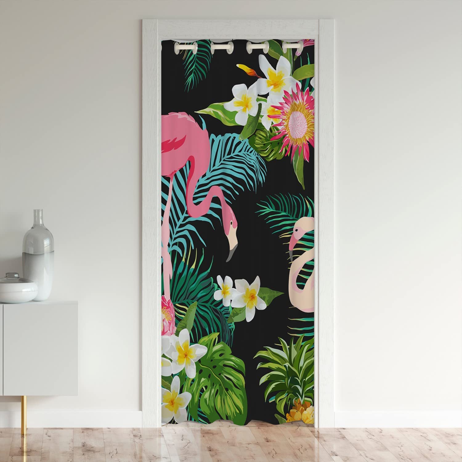 Rideau de porte haut de gamme flamant rose et fleurs de palmier