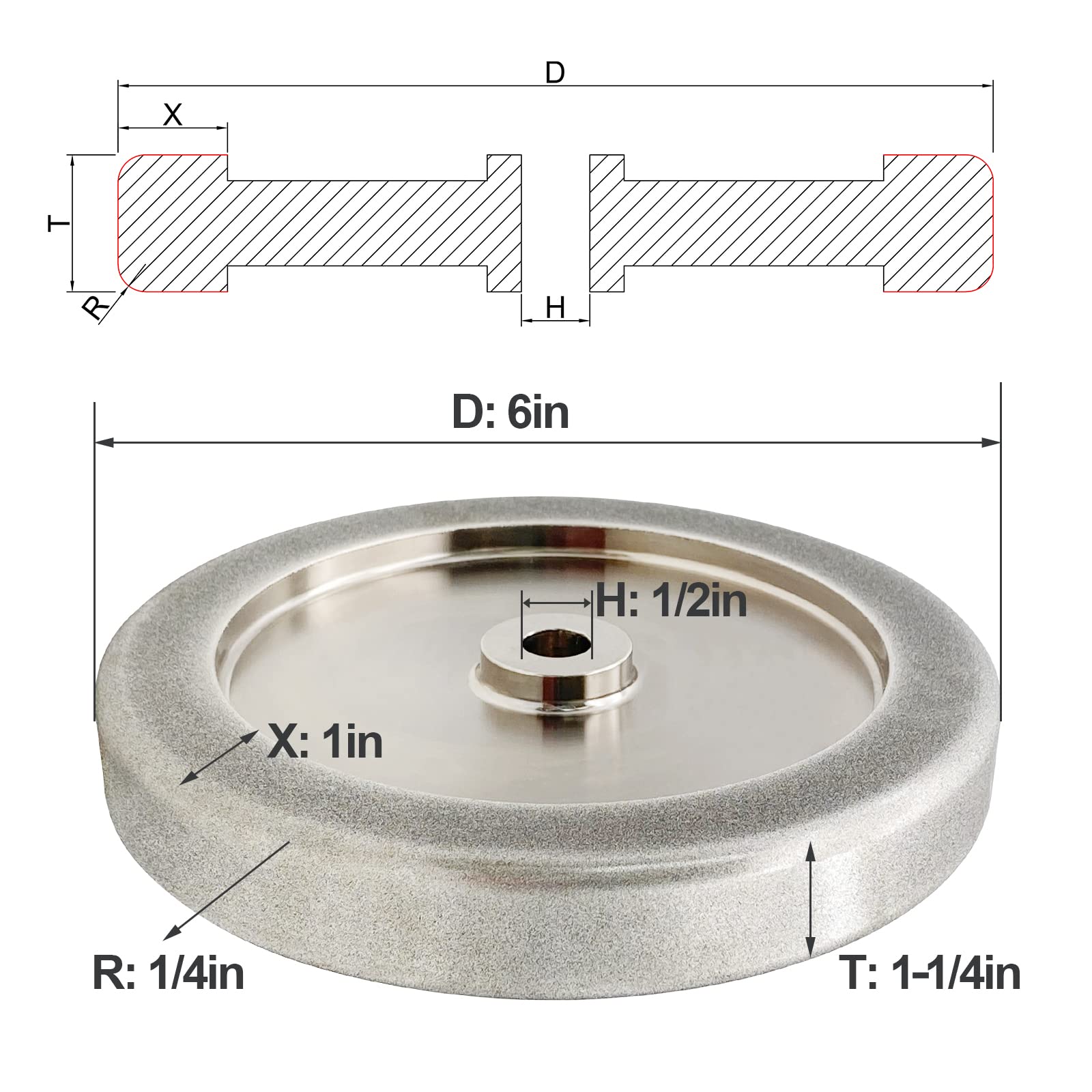 Mola in CBN 4 in 1 da 6 pollici, grana 600 x larghezza 3,2 cm x foro 1/2" (grana 600)