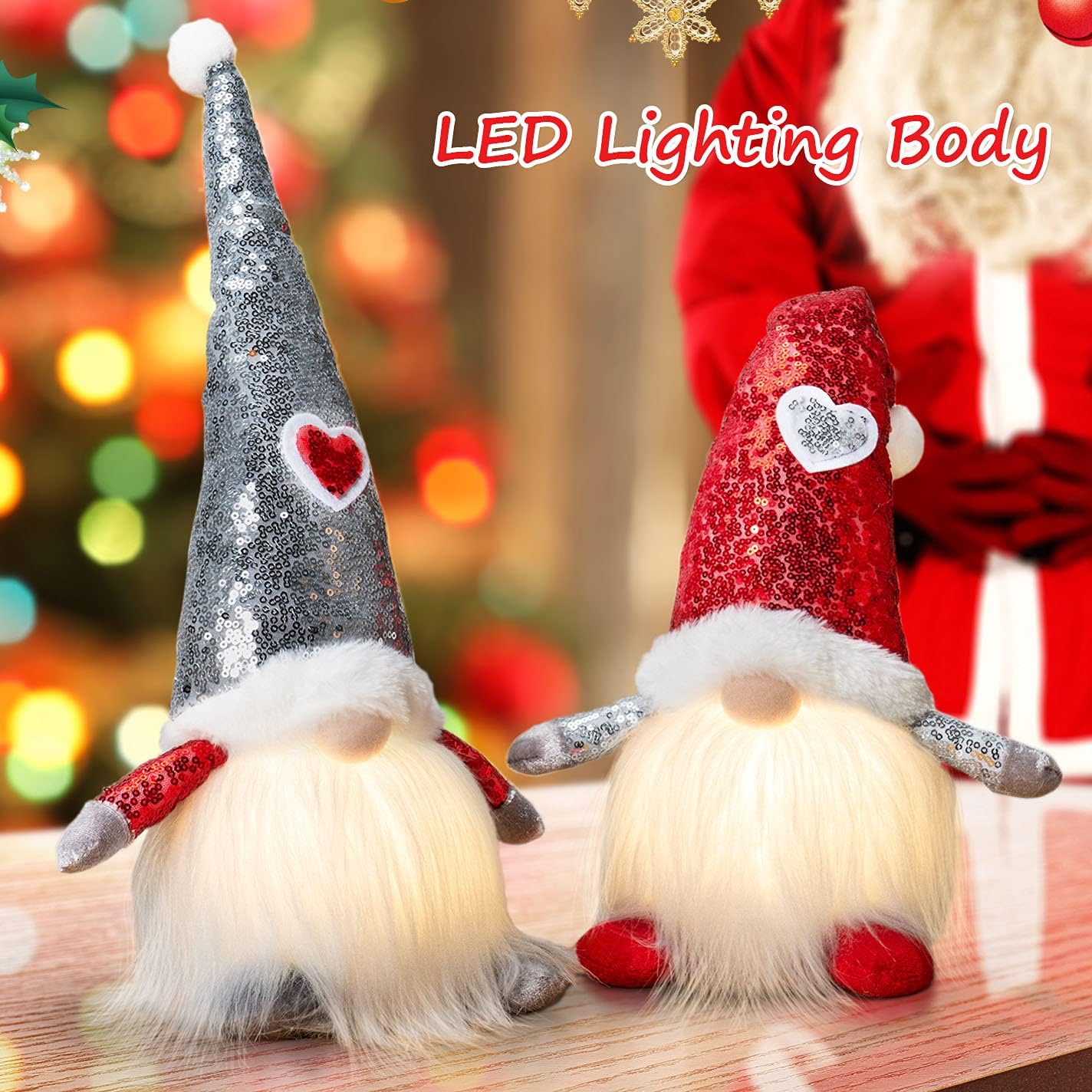 HMASYO Gift for Her Gnomes Light Set of 2 - 17 Inches Handmade Valentines Day Swedish Gnomes Figurine Plush with Sequins Long Hat, Scandinavian Tomte Christmas Decor Ornaments for Home Party