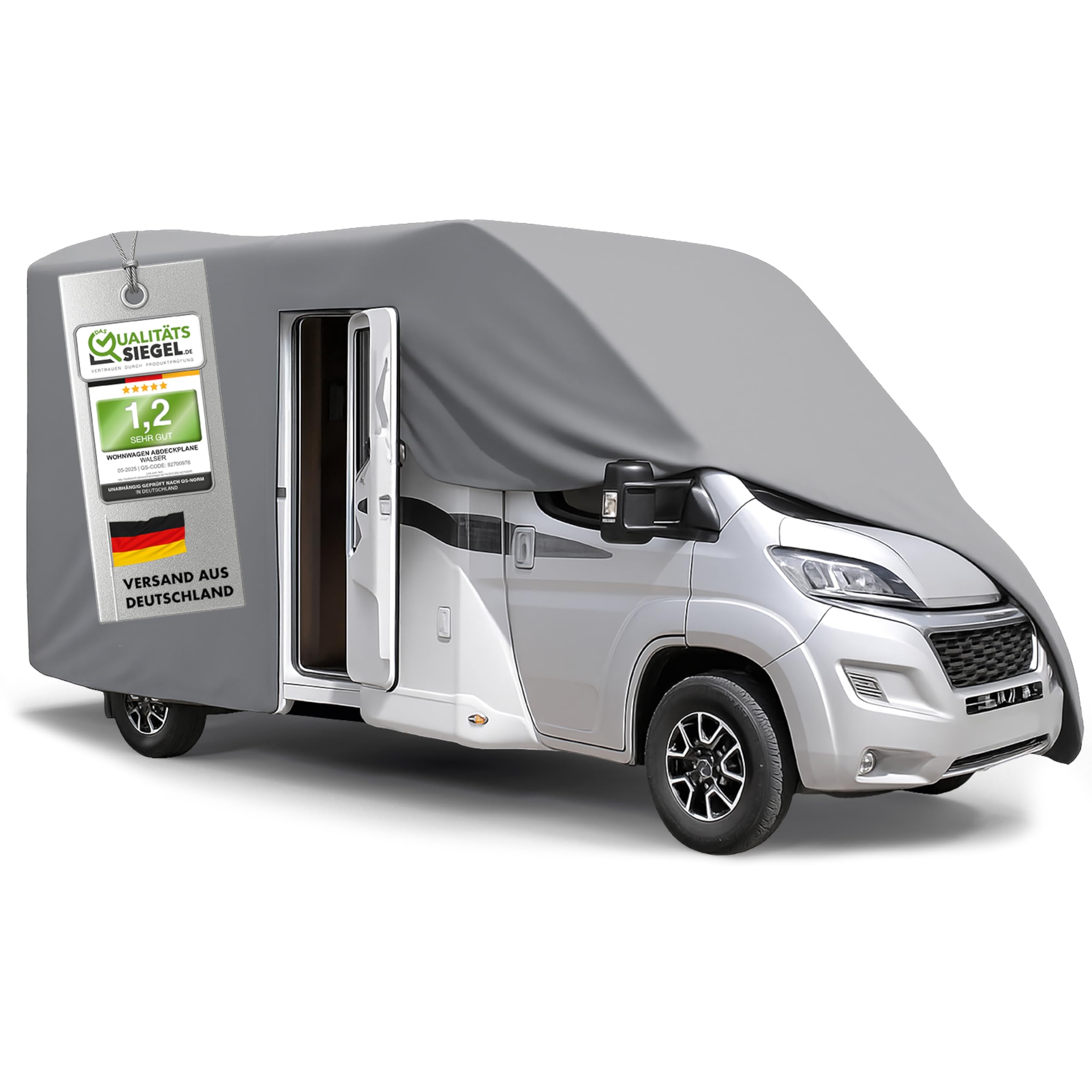 WALSER Premium Wohnmobil Abdeckplane, 100% wetterfeste Wohnmobilabdeckung, wasserdichte Wohnmobilplane mit UV-Schutz, Schutzhülle für Reisemobile + Aufbewahrungstasche 630x250x225cm (Dachlänge: 555cm)
