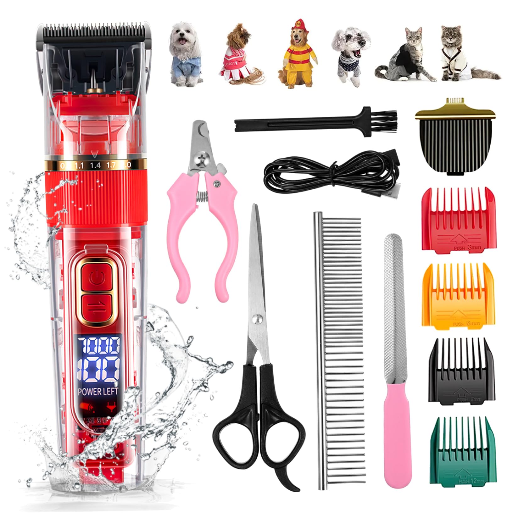 GRIRIW 1Set Rechargeable Pet Grooming Clipper Low Noise Dog Cat Trimmer with LED Screen Washable Design Complete Grooming Kit for Grooming