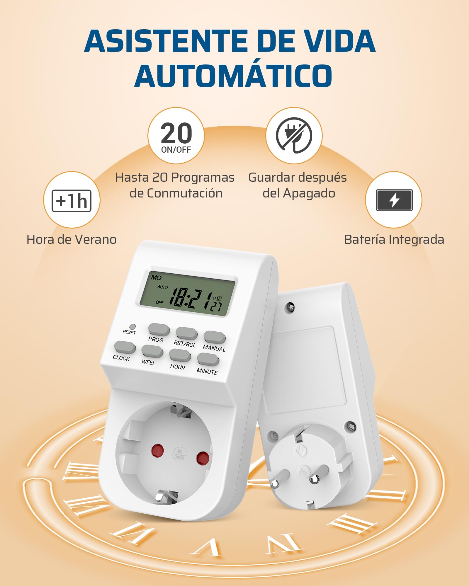 DEWENWILS Temporizador Enchufe Digital, Pack de 2, 16 A / 3680 W | con 20 Programas de Encendido Configurables, Pantalla LCD y Seguridad Infantil, Temporizador Enchufe para Interior