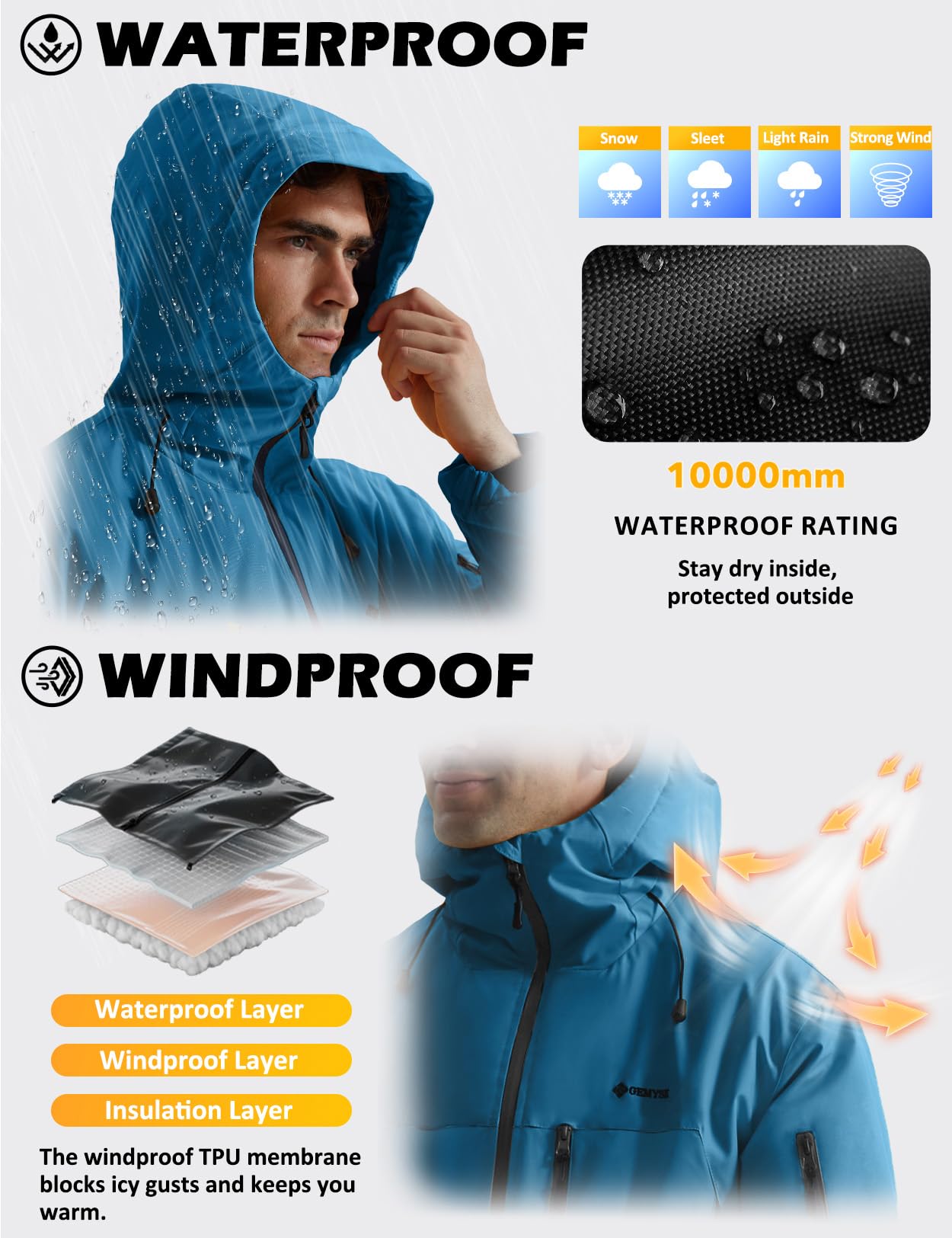 GEMYSE Veste de Ski Homme Chaude Imperméable Coupe-Vent Manteau avec Capuche Idéale pour la Montagne et la Randonnée en Hiver