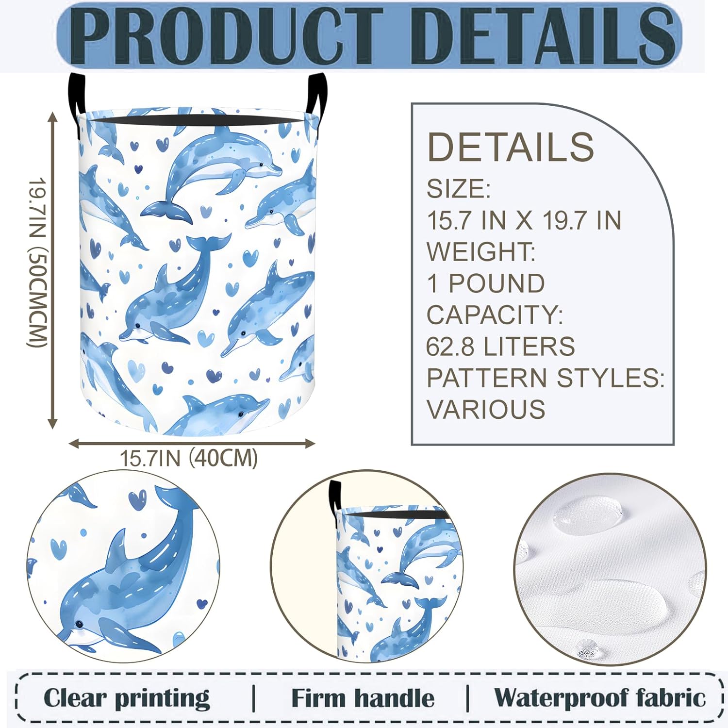 Dolphin Laundry Basket Hamper 19.7"x15.8", Blue Ocean Animal Foldable Waterproof Oxford Clothes Storage Bucket for Room Bathroom Bedroom Nursery Decor, Toy Organizer Bins Gifts for Kids Boys Girls