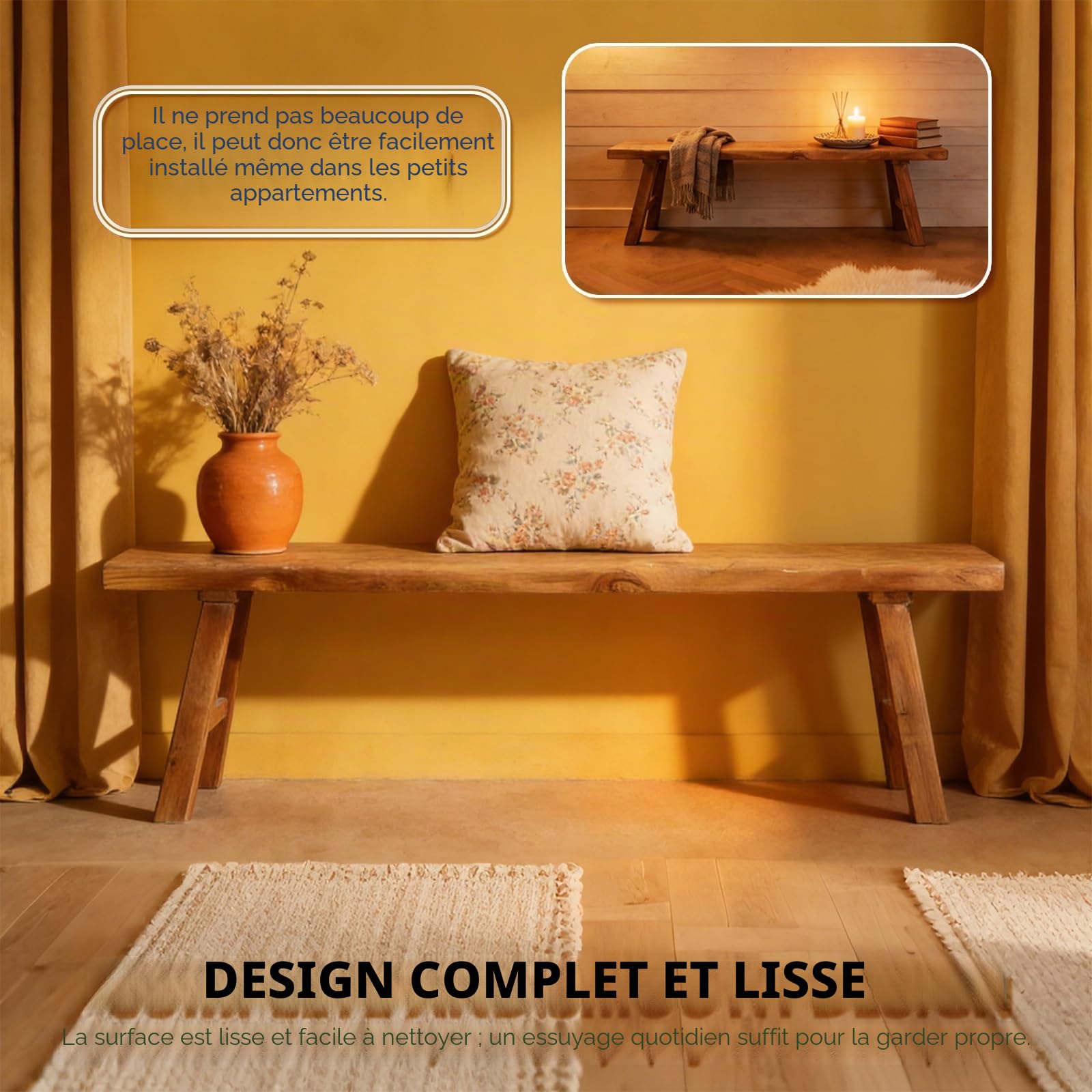 Banc de Style campagnard en Bout de lit, Banc d'entrée en Bois pour l'intérieur Salle à Manger Rustique et Fin en Bois
