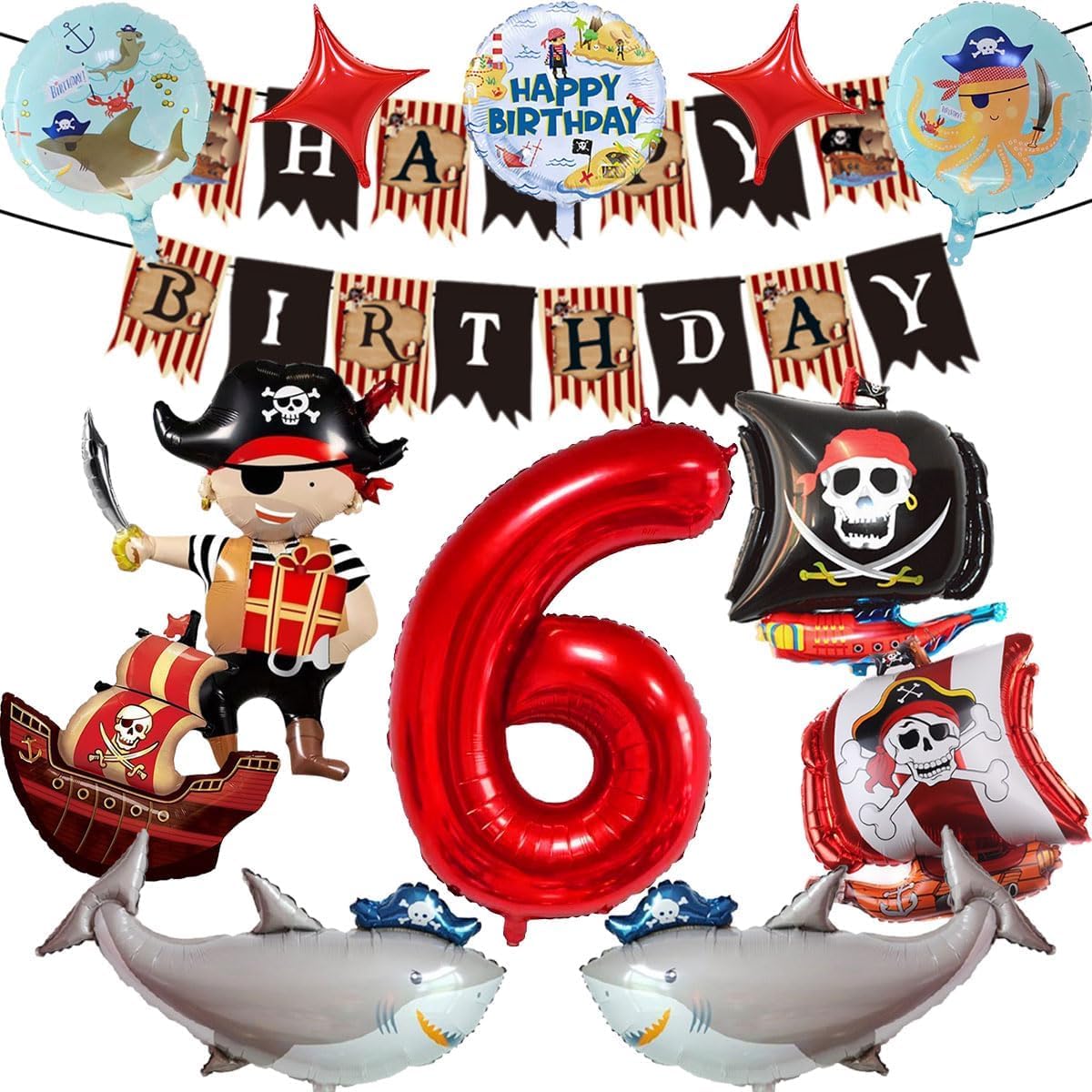 Pirate Balloons Birthday Party, Pirate Birthday Decorations 6 Years, Helium Balloons Animals Ocean Shark Happy Birthday Banner, for Children Birthday Party Decorations (6)