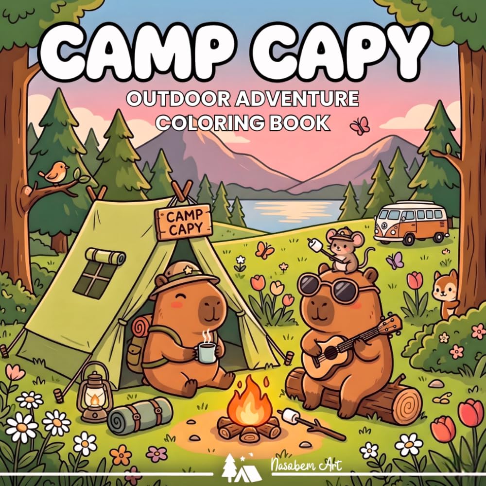Camp Capy – Cute Outdoor Adventure Coloring Book: Kawaii Capybara Coloring Book for Adults and Teens with Camping, Summer, Hiking, Vanlife, Nature Scenes and Relaxing Outdoor Fun