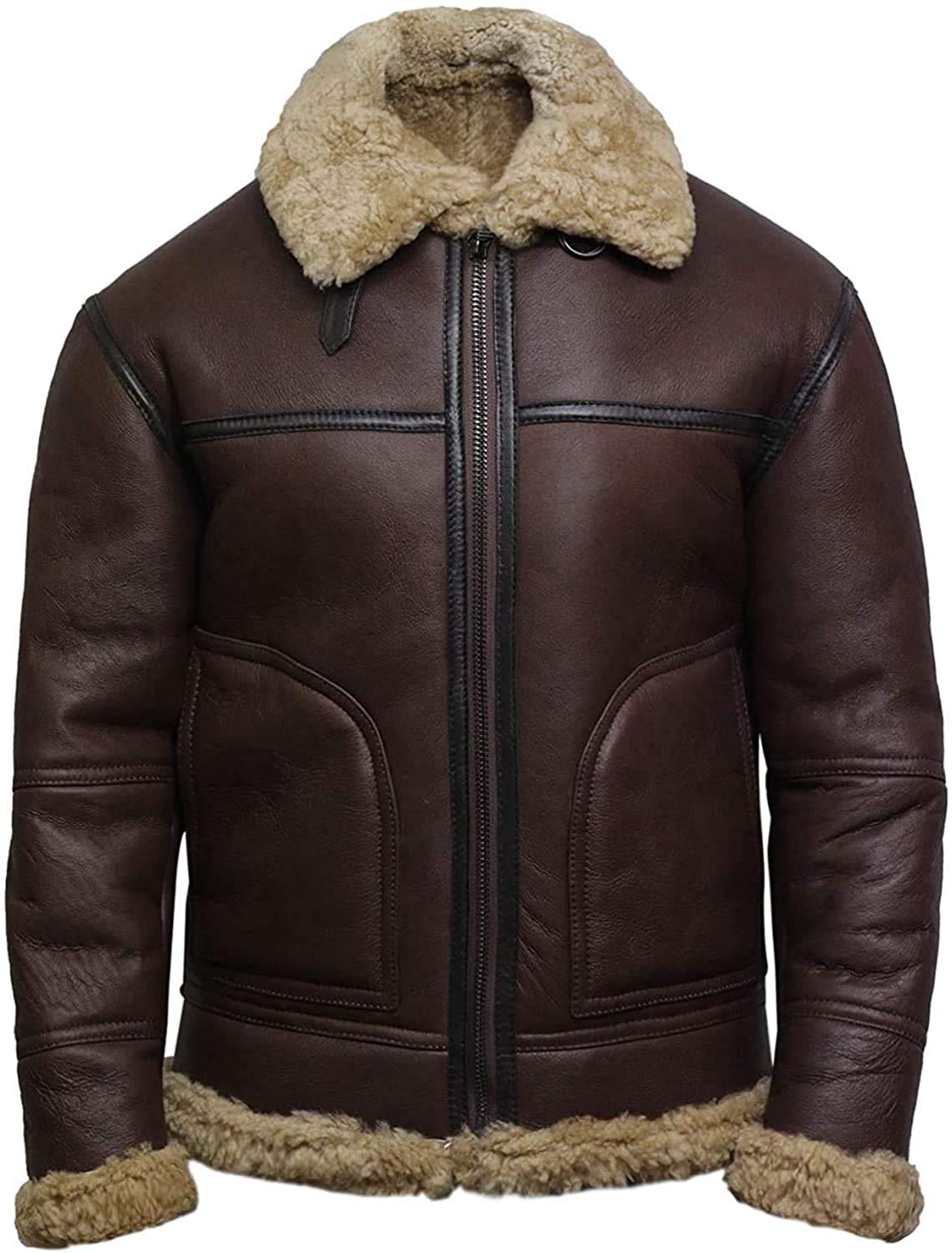 BRANDSLOCK Mens Genuine Sheepskin Leather Bomber Pilot B3 Jacket Thick Wool Inside