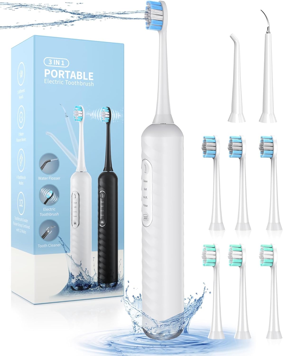 Electric Toothbrush with Water flosser, 3 in 1 Teeth Cleaning Kit with 7 Modes, Electric Toothbrush and flosser Combofor Adults, Water Flosser Portable for Travel and Home (Black)