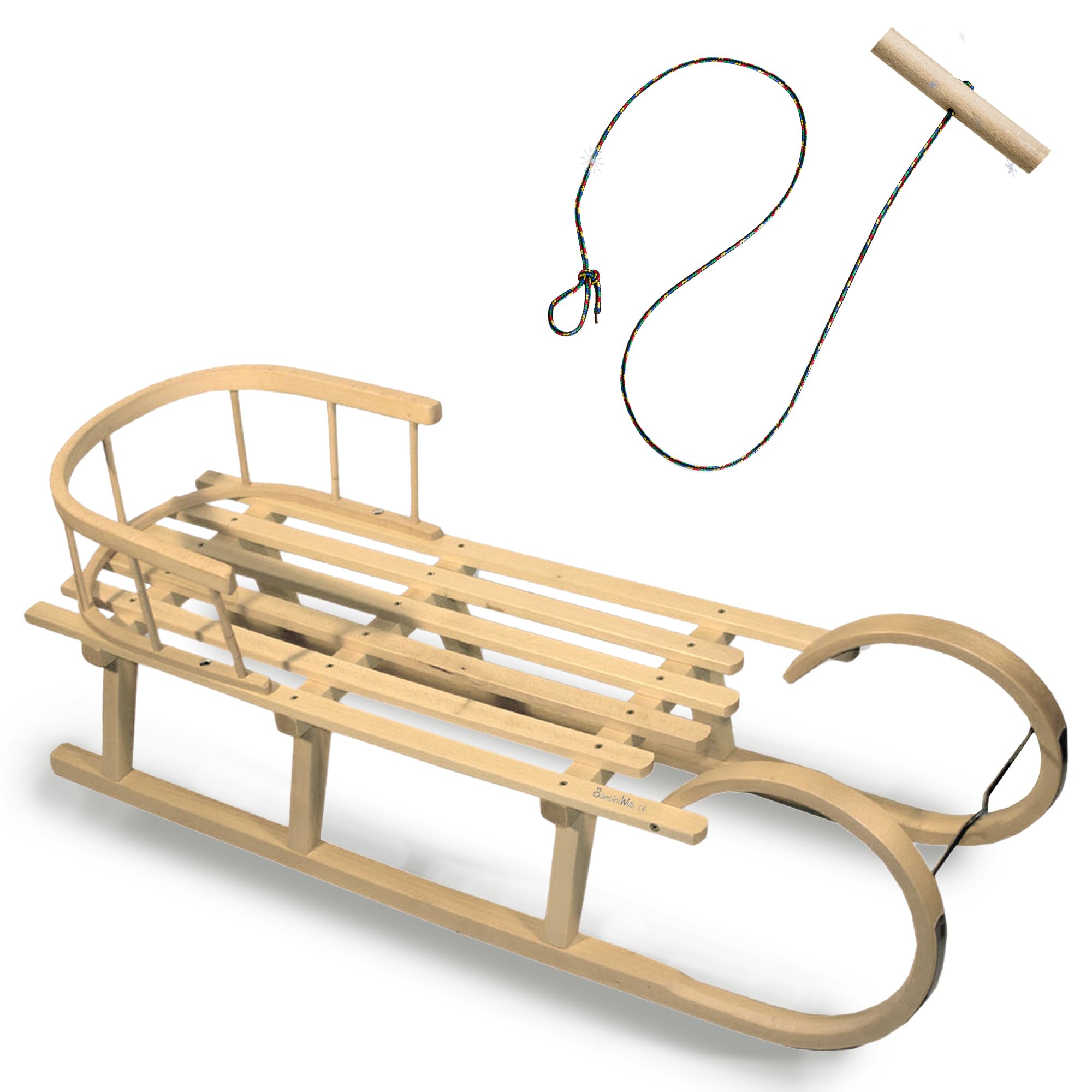 Hörnerrodel 120 cm mit Rückenlehne - Holzschlitten aus Buchenholz für 2 Personen - Rodelschlitten Hörnerschlitten mit Stahlkufen - Gratis Zugseil