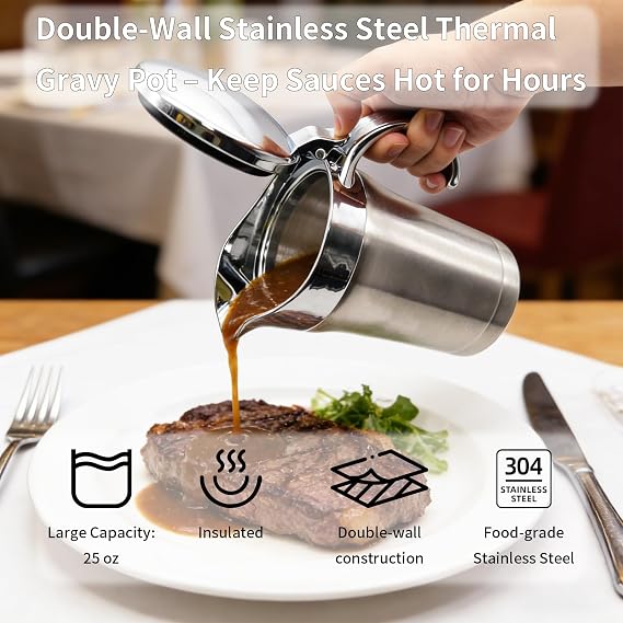 25 Oz Stainless Steel Thermal Gravy Boat with Lid, Double Insulated Gravy Sauce Jug for Party, Family Dinner, Thanksgiving, Halloween, Christmas, Premium Kitchen Gadgets