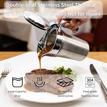 25 Oz Stainless Steel Thermal Gravy Boat with Lid, Double Insulated Gravy Sauce Jug for Party, Family Dinner, Thanksgiving, Halloween, Christmas, Premium Kitchen Gadgets