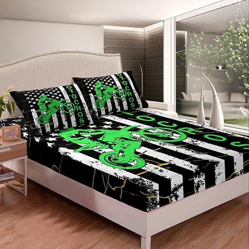 Miniatura 2 de Erosebridal Juego de ropa de cama con bandera estadounidense para niños, sábanas de motocross para motocicleta, sábana bajera ajustable tamaño