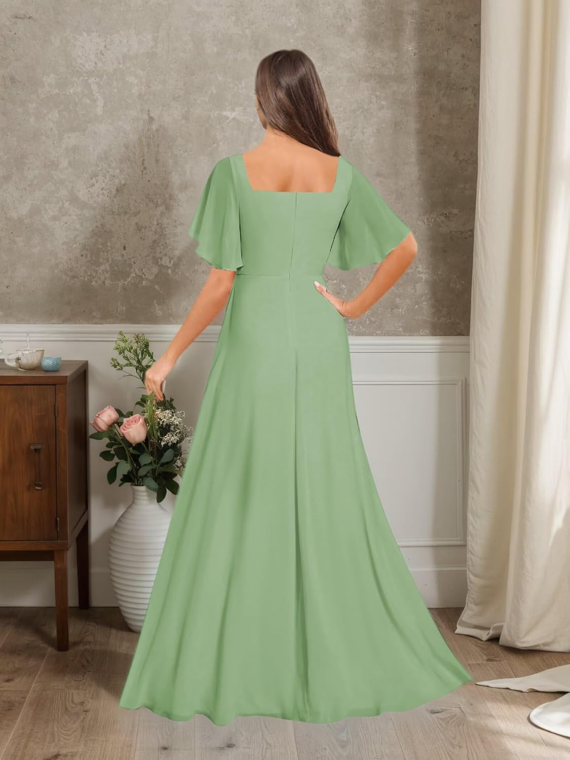 Square Neck Chiffon Bridesmaid Dresses for Women Flutter Sleeves Lace Applique Long Evening Formal Dresses