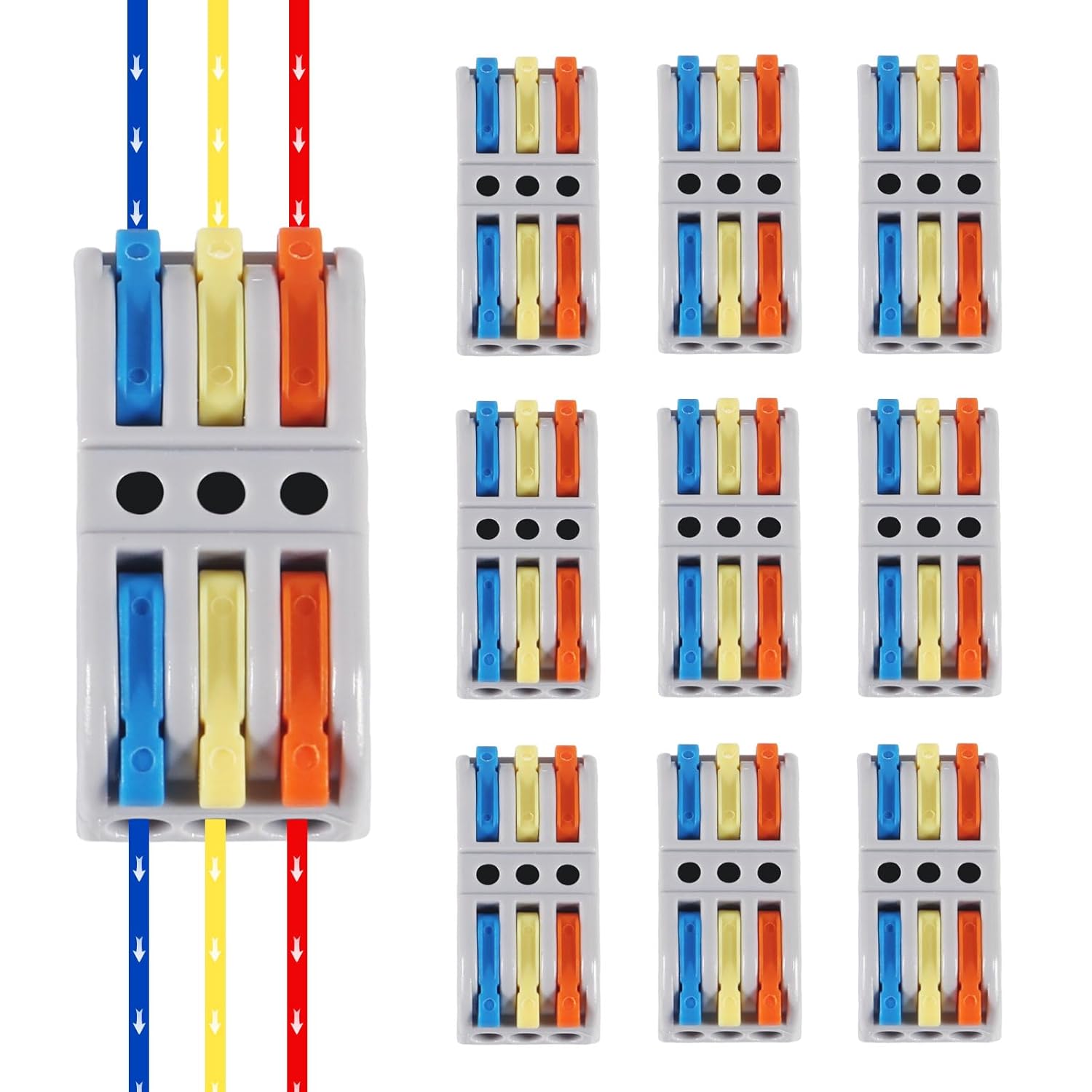 10PCS Lever Wire Connectors, 3 in 3 Out Quick Wire Connectors, Electrical Lever Nuts Wire Connectors Push-in Conductor Terminal Block AWG 28-12