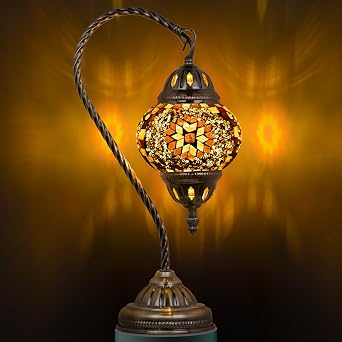 Marrakech Tiffany Lamp Turkish Table Lamp with Vintage Style, Handmade Moroccan Lamps with Mosaic Stained Glass&Swan Neck Bronze Base Including LED Bulb for Living Room Bedroom Decor Yellow