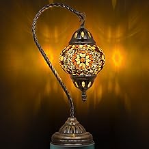 Marrakech Tiffany Lamp Turkish Table Lamp with Vintage Style, Handmade Moroccan Lamps with Mosaic Stained Glass&amp;Swan Neck Bronze Base Including LED Bulb for Living Room Bedroom Decor (Yellow)
